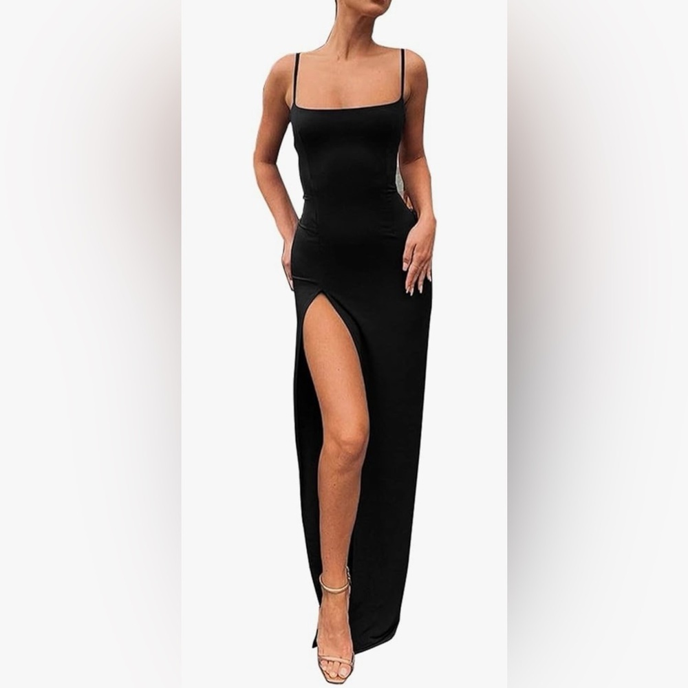 Black Bodycon Maxi Dress Small Slit Spaghetti Strap Fitted Going Out